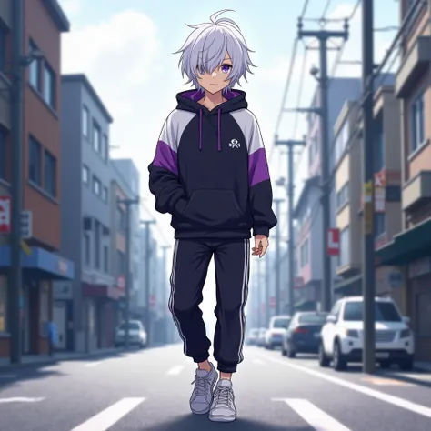  19-year-old boy ,  black and white purple hoodie, black and white purple pants  ,  white sneakers  ,  walking around Tokyo,  thin hair , Anime style, white hair ,  Hair covers one eye ,  High resolution,  purple eyes, 