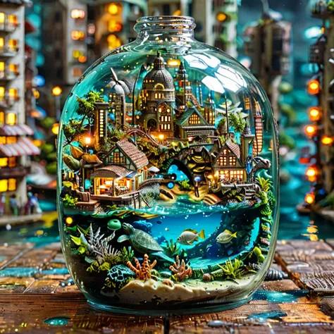  photograph tilt-shift , ( masterpiece ,  top quality,  best quality), ( Ultra-detailed,  absolute resolution ), ((16k,  High resolution )). (Magical underwater city ).  The city is located under crystal clear waters and illuminated by rays of sunlight tha...