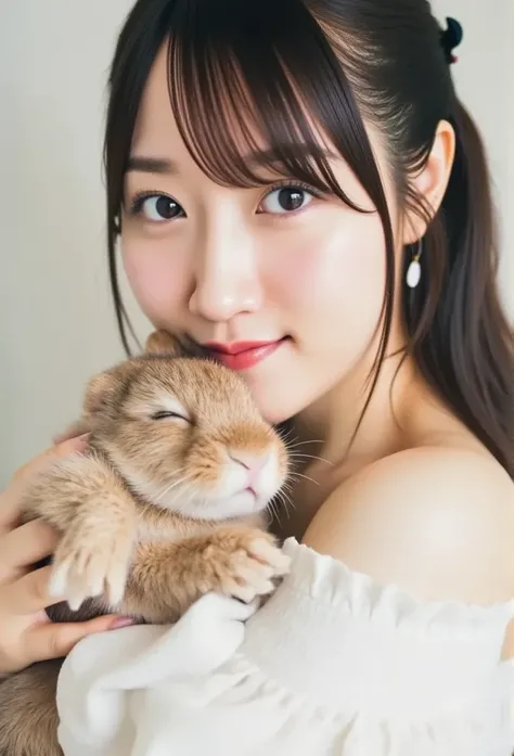   masterpiece on penis , 4K, Bokeh, (cute:1.5), ( beautiful girl:1.3), ( Japanese Idols:1.6), (Cat ears:1.3) , ( school uniform:1.3),  (I like rabbits:1.6), Blushed, close, (眠っているcuteうさぎを抱っこする :1.5), (Kiss the rabbit :1.3), ( white background  :1.4), 