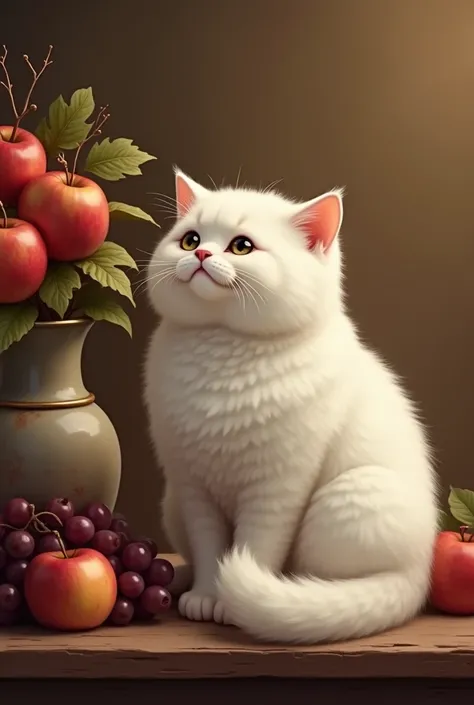 White plump cat with folded ears sitting looking forward sitting next to apple grape brown background vase antique realistic