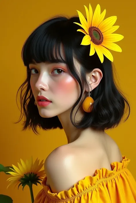  semi-long、Bangs Black and Blonde 、 Earrings Color Blonde、
 black eyes、yellow、 sunflower 