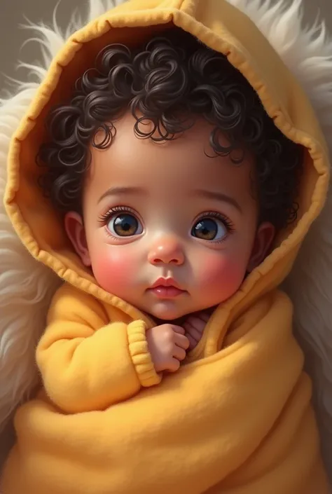 Create a drawing of a brunette baby,  with soft, warm-toned skin ,  that has a calm and curious expression on her face .  His hair is dark , fine and curly,  while his big and bright eyes observe the environment closely.  The baby is wrapped in a small col...