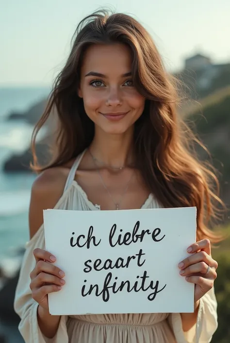  A beautiful girl with wavy,  long hair and a boho dress is holding a white sign with the inscription "Ich liebe SeaArt Infinity"  and shows it to the viewer .