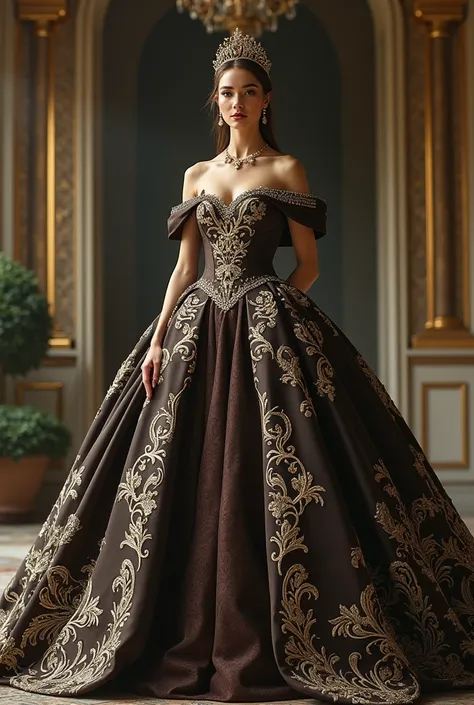 Queen big ball gown flaunting etheral unique design and colour 👑 colour dark chocolate white and gold