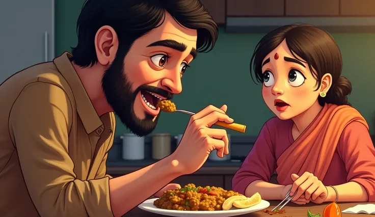 
6. _Scene 6: Food critic tastes the achaar_
    - A close-up illustration of the food critic taking a bite of the achaar, with a look of surprise and delight on his face.
    - Kavitas mother should be shown watching anxiously, hoping for a positive react...