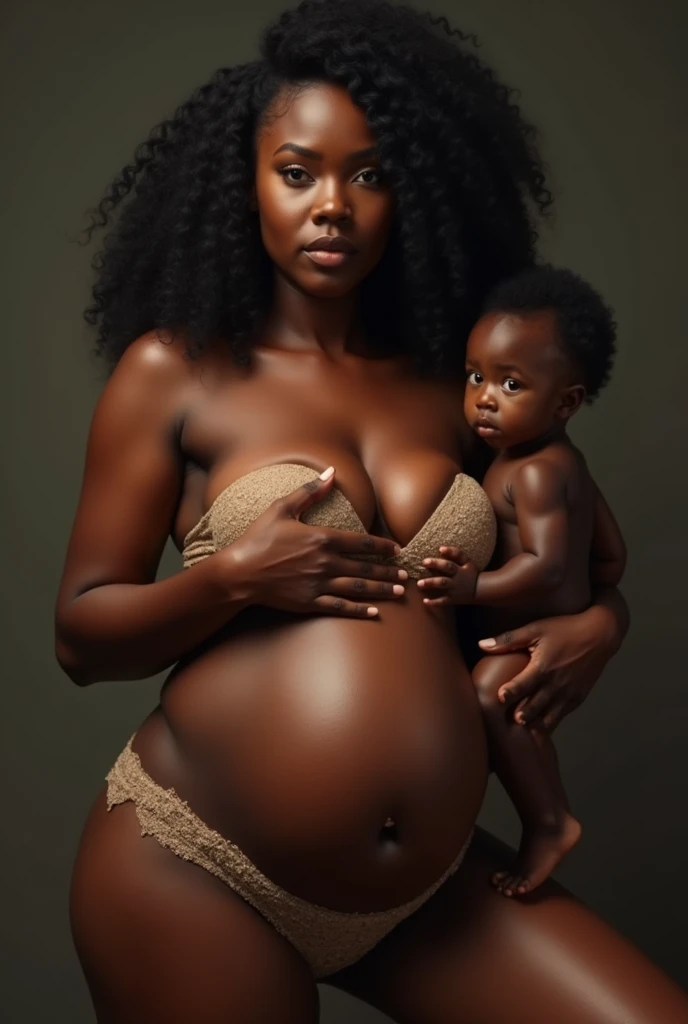 Create a picture of a black woman with oil on her body .  She grabs her brood with one hand and the crotch under her underwear with the other 