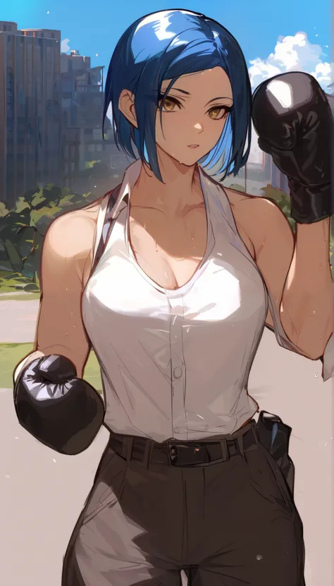 black hair,masterpiece,best quality,highres,ultra-detailed,aashizue,yellow eyes,long hair,cargo pants,(tank top:1.2), boxing gloves,toned, sweating, (sleeveless:1.4),cowboy shot,