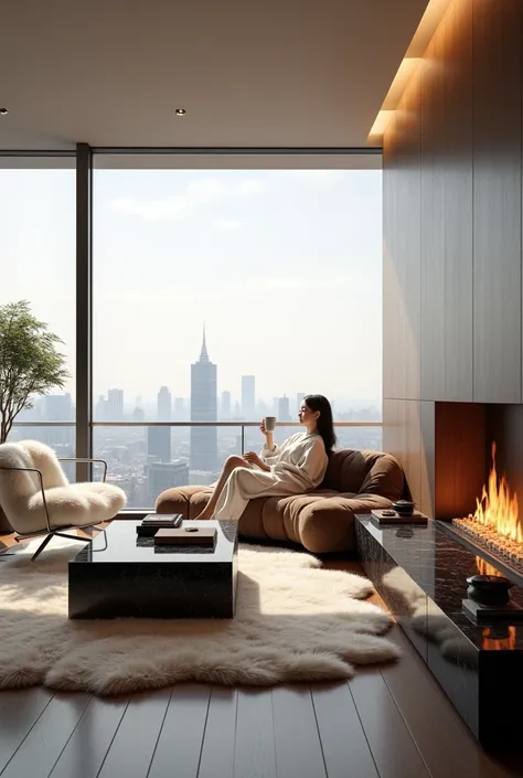  Professional 3D Architectural Rendering Design 。 Modern Minimalistic Interior 。High-rise room with a view of the city、 Two elegant steel chairs covered in white cream bear fur and skin、 Animal Fur and Skin Comfortable chocolate sofa covered with 、 Black M...