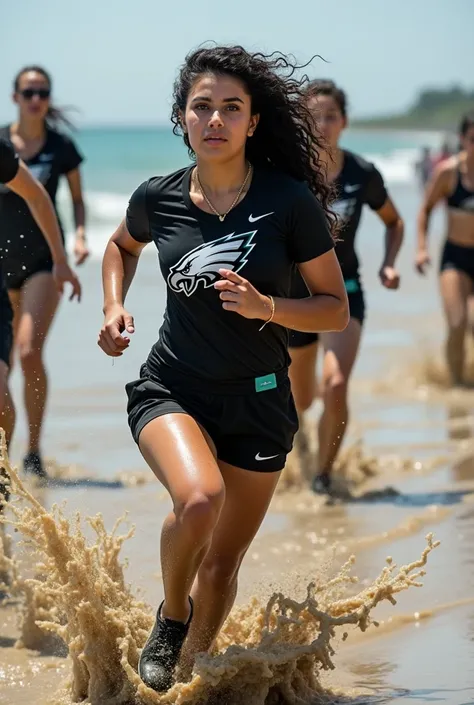 Splashing mud, a Puerto-Rican-Mexican latina young female with grey eyes, thick arched eyebrows, small round nose with nose piercing, full lips, long eyelashes, long nails, winged eyeliner, gold jewelry, super long curly black hair .Running wearing a black...