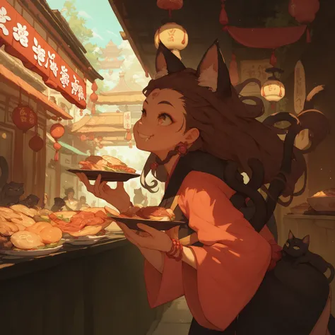 walking,street,from side,Brown hair, brown girl, cat eyes and cat ears,  girl, Shiva, multiple arms, eating, forehead,, Chinatown, eating lots of Chinese food, robes, accessories, bare feet, smile,forehead mark,