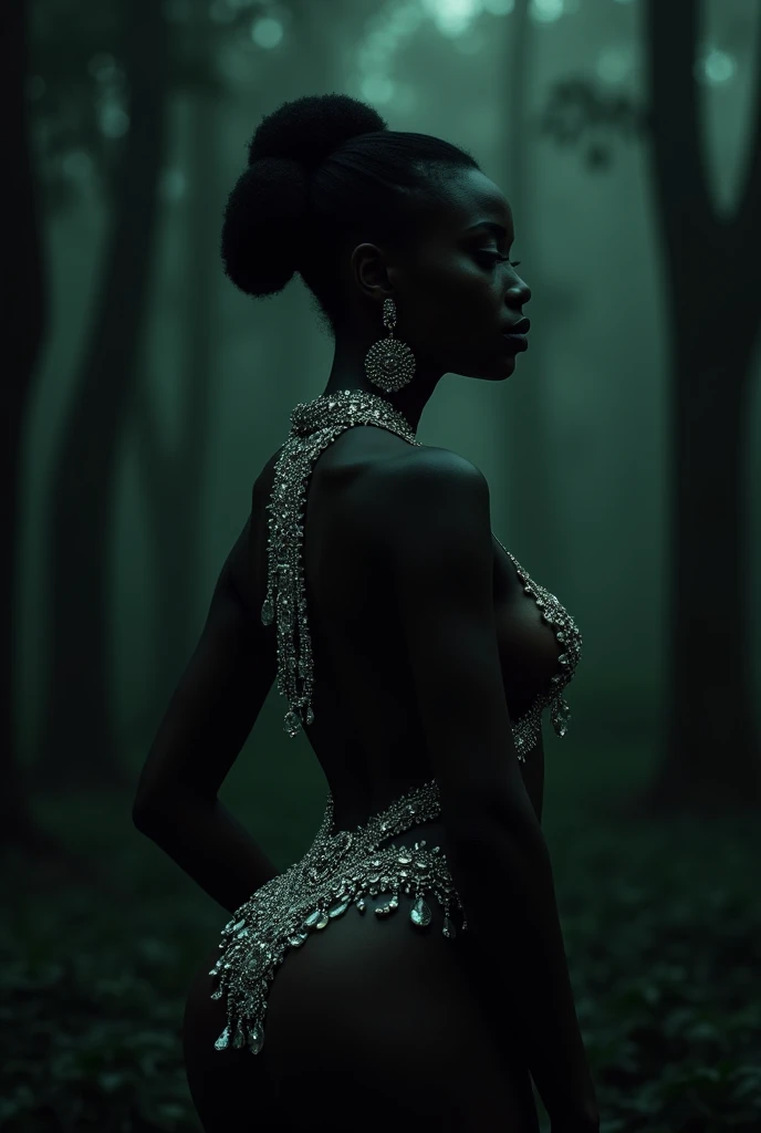 Beautiful plumpy black African lady with dark skin dressed in jewelry showing off the back of her waist  covered in diamonds with style in a very very dark forest with no lights in the background 