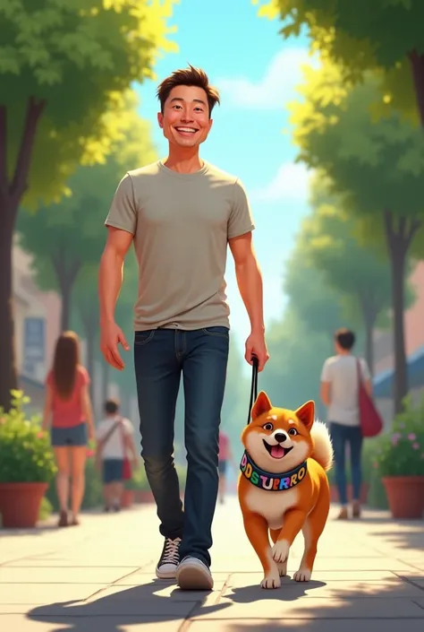 

Create an image of Elon Musk strolling along the sidewalk on a sunny morning, accompanied by his faithful friend, a Shiba Inu named DOGTURBO. Elon is dressed casually, in a T-shirt and jeans, smiling as he walks. The Shiba Inu is animated, pulling on its...