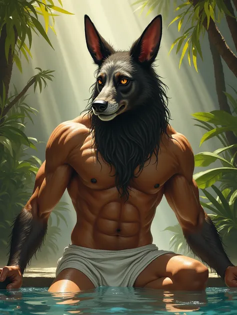 Anubis the God、 is hairy、 take a shower、 swimsuit、