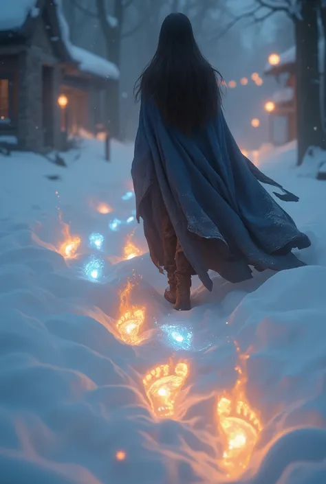 A fantasy-inspired scene capturing the back of a young woman walking through snow, with the camera focusing on the trail of footprints behind her. Each footprint glows with magical flames rising from within, radiating vibrant colors of orange, blue, and go...