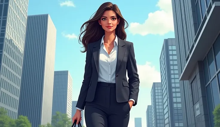 
8. _Scene 8: Kavita grows up to be a successful businesswoman_
    - A professional illustration of Kavita as a grown woman, dressed in business attire, standing in front of a city skyline or a successful business.