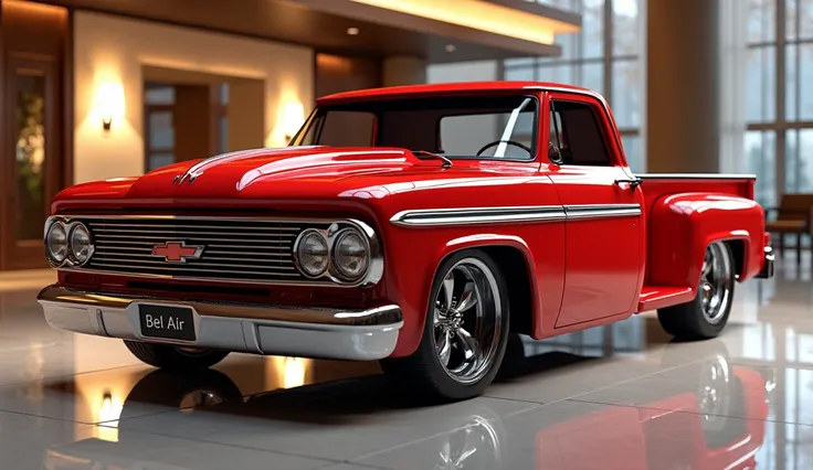 Create a realistic render of a car design featuring the 2025 [ Chevy  bil Air pickup The car should be viewed from the [side view in [Color  Red colour car. Include a Chevy  bil air pickup Logo prominently on (side, ,The license plate should display bil Ai...