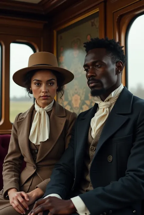 Generate full image of a pretty fair biracial woman disguised as a man with a hat  inside a train and a black man seated beside her in the year 1845