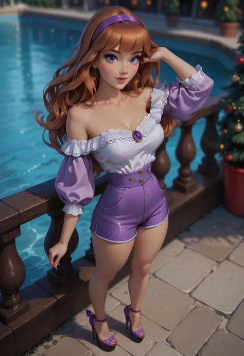 score_9, score_8_up, score_7_up, 1girl, solo, beautiful waifu, thicc, (Daphne Blake:1.2), wearing (dusty purple shorts, high waist shorts, tight shorts:1.1), (white blouse, off shoulder blouse:1.2), (wedge heels:1.2), detailed eyes, detailed face, flirt, (...