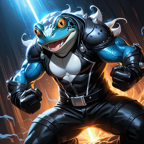 Closeup, an extremely badass anthropomorphic light blue and white bullfrog wearing an insanely cool black leather biker jacket open, black shirt, black leather biker gloves, mid-powered-up stance, eyes glinting vividly with untapped energy, impending burst...