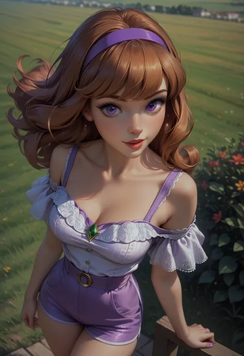 score_9, score_8_up, score_7_up, 1girl, solo, beautiful waifu, thicc, (Daphne Blake:1.2), wearing (dusty purple shorts, high waist shorts, tight shorts:1.1), (white blouse, off shoulder blouse:1.2), detailed eyes, detailed face, flirt, (sexy pose:1.2), sta...