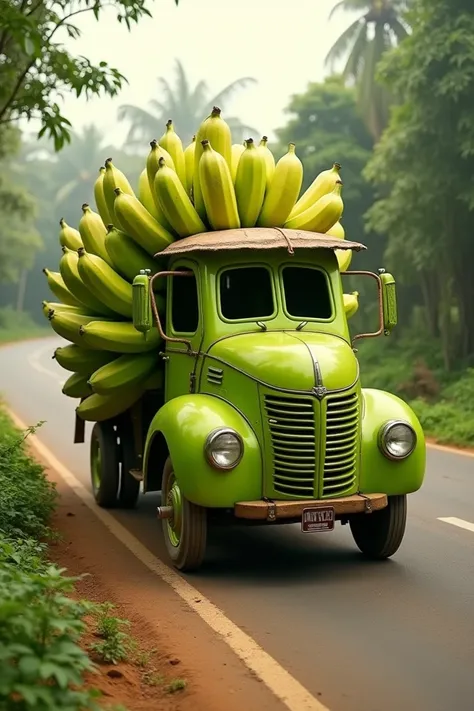 An indian truck made out of green banana on road 