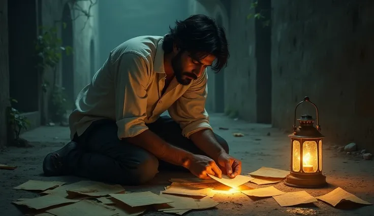 Arjun kneeling on the ground, picking up the old letters with trembling hands. The letters glow faintly as he begins to read them in the dim lantern light."