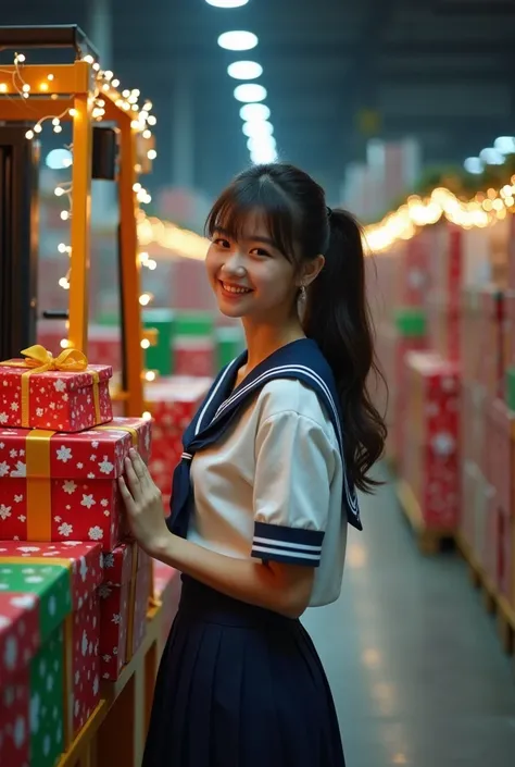 documentary photo, ultra-realistic, photorealistic, dramatic scene, shadow, global-illumination, she is Japanese high school student girl, she is showing her cheerful smile, detailed face skin texture, wearing a sailor uniform, She is standing side of a fo...