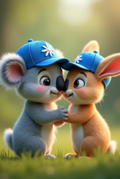 A koala wearing blue cap sweetly holding onto a rabbits arm wearing royal blue cap