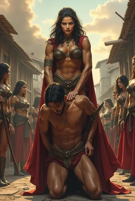 Prompt:
"In a matriarchal medieval village square, Commander Xara, a towering and muscular woman with bronze skin and golden eyes, looms over a slender, terrified man. Her bare, massive arms ripple with strength as she kneels on his chest, pinning him effo...