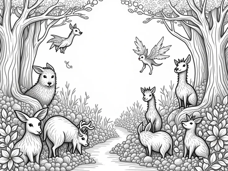 (((fantasy style))), (many animals), in a mystical forest, white background, adult coloring book, outline no color, fill frame, edge to edge, clipart white background