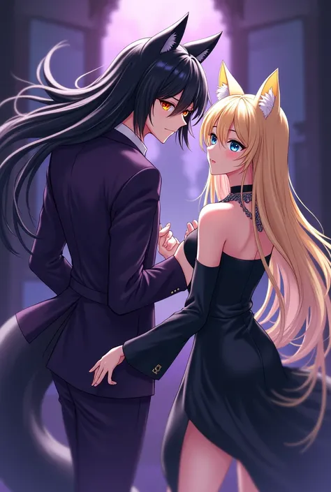  Anime, Anime Style , long p black hair, ember eyes, Kitsunes, in a purple suit, 1male,1female,  black dress, long blonde hair, blue eye, choker, 1boy,  ,black short hair,  in black suit ,blue eyes