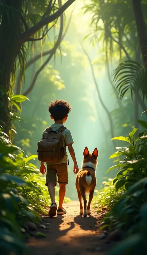 
2. Scene 2 - Boy and Dog Walking Together: "A young boy named Amir walking through a dense jungle with his loyal dog Timbo. The boy is wearing casual clothes, and Timbo is walking beside him, both appearing curious and adventurous as they venture deeper i...