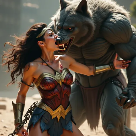 Gal Gadot is Wonder woman, ((fighting with the Steppenwolf)), Wonder woman is seized by a huge body fierce Steppenwolf and standing on the dirt, ((leather fabric short skirt:1.8)), dirty body, bright white skin, brown hair, ((bound arms by chain behind her...