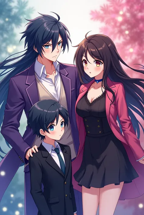  Anime Style , long p black hair, ember eyes, Kitsunes, in a purple suit, 1male,1female,  black dress, long blonde hair, blue eye, choker, 1boy,  ,black short hair,  in black suit ,blue eyes