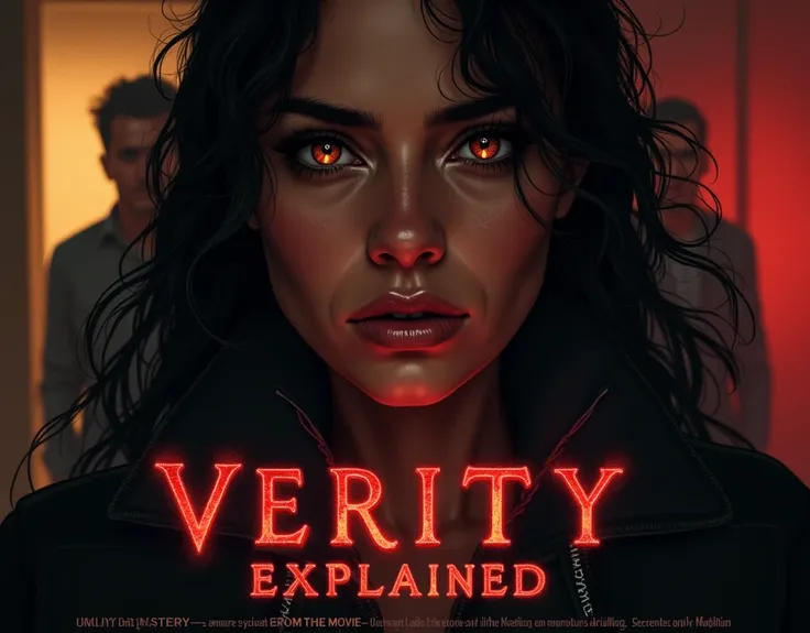 dramatic close-up of a mysterious woman with piercing eyes, symbolizing Verity. Behind her, a shadowy figure of a man (Jeremy) looms, hinting at hidden secrets. The background shows a blend of dark tones with pops of vibrant colors, like red and yellow, cr...