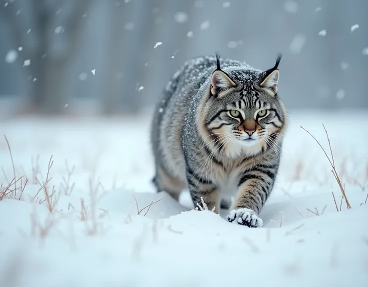 Realistic, theme is "footprints in the snow", Pallass cat walking in the snowy field, snow on the Pallass cats fur, hunting in a snowstorm, Pallass cats footprints left in the snowy field, close-up on the footprints, sophisticated design, advanced lighting...