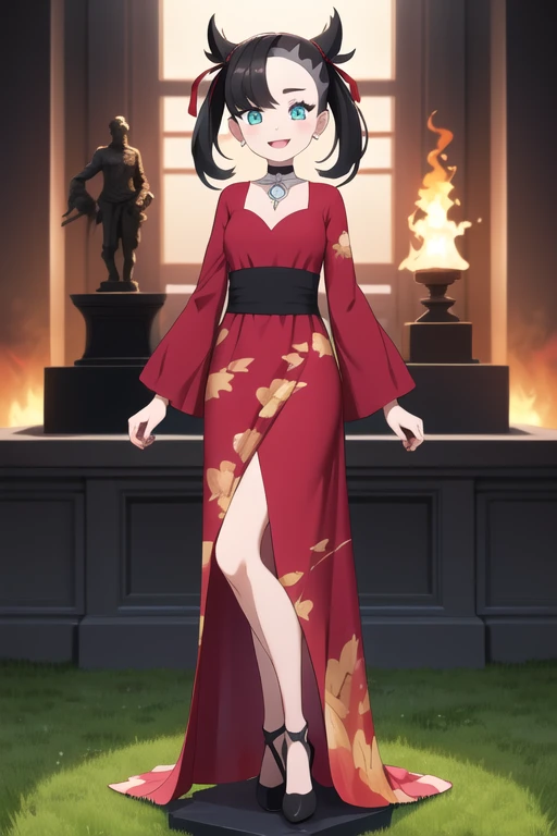 masterpiece, best quality, highres, hmmarnie, aqua eyes, black choker, red ribbon, gown, jewelry, open clothes, long sleeves, cowboy shot, standing, field, smile, open mouth, Full body , full body art , black and dark red outfit , gown with flame patterns ...