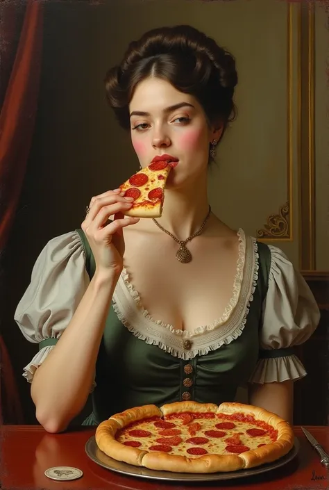  Victorian-era oil painting style painting of a Victorian woman with no necklines on her clothes, without sexy , unsexualized , Eating pizza 