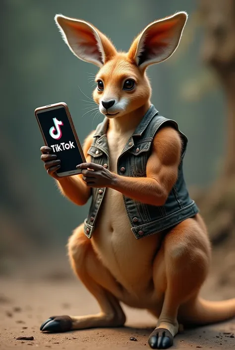 Give me an image of a muscular kangaroo with a cell phone that has the TikTok application open and that the kangaroo is muscular and wearing an old vest