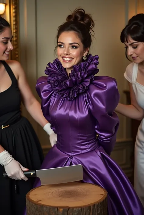 (realistic photograph sideways close up), (a smiling surprised willing beautiful Caucasian lady with (messy hair bun) and wearing (excessive shiny purple silk dress with (long gigantic puff sleeves), (and with an ultra high tight stand-up collar up to her ...