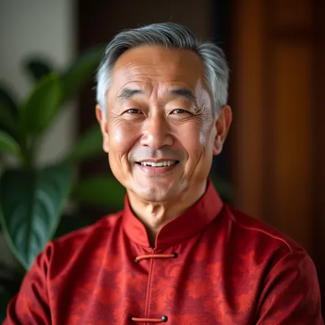 Theme: Portrait of a 50 year old middle-aged Asian man. Facial expression: Full and round face, kind and wise. Eyes: Sparkling, looking straight at the audience, healthy skin tone, smooth skin without wrinkles. Hair: Grey white short hair, neatly combed, w...