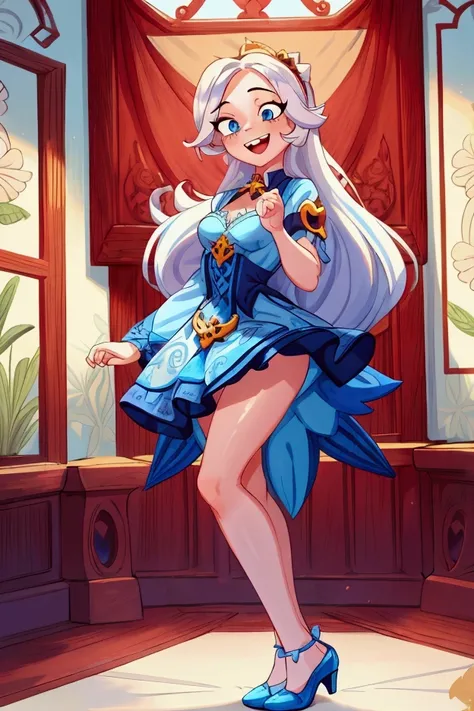 (Masterpiece, best quality), 1 girl, white semi long hair, blue eyes, standing indoors with intricate details and sunlight, blue frilled dress with short neckline, red details, black heels, sexy pose, crazy smile, crazy laugh showing teeth, closing one eye...