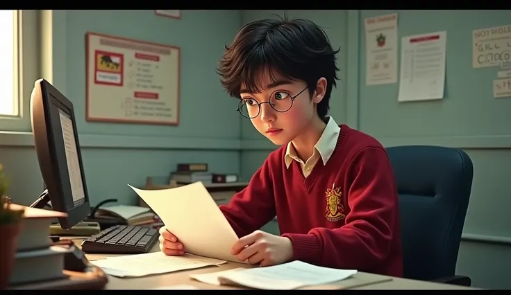 Harry Potter, as described in the book, in a cubicle, doing paperwork, wearing red sweater