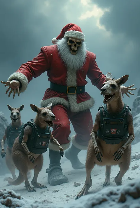 Give me a terrifying skeleton Santa attacking kangaroos with bulletproof and muscular vests