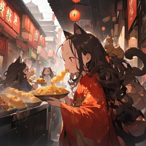 walking,street,from side,Brown hair, brown girl, cat eyes and cat ears,  girl, Shiva, multiple arms, eating, forehead,, Chinatown, eating lots of Chinese food, robes, accessories, bare feet, smile,forehead mark,