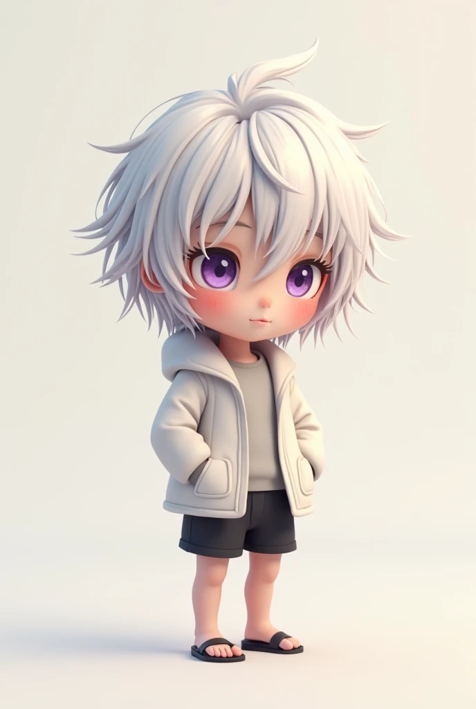  White haired boy ,  light purple eyes , about 1m55 tall with round blush on the face,  wearing a white coat , black shorts , Male gender, shaggy hair