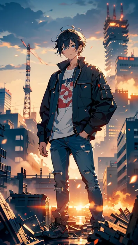 “A 35-year-old Japanese man with short, neatly kept black hair, wearing a work jacket and jeans, standing on a construction site. His expression is serious and determined, as he looks into the distance. Behind him are piles of rubble and metal scaffolding,...