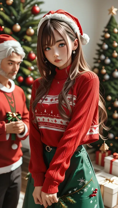  top quality、 super detailed、 very cute girl、Brown Hair、 long hair、 long straight hair、(((" Santa Claus"Red knit 、 knitted sweater)))、Christmas tree green long skirt、