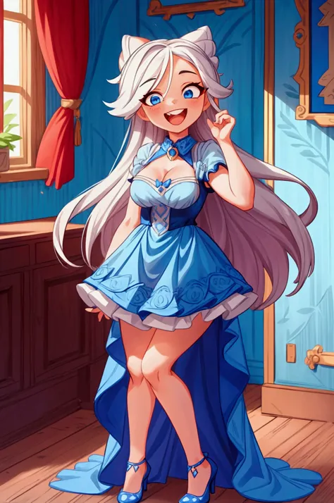 (Masterpiece, best quality), 1 girl, white semi long hair, blue eyes, standing indoors with intricate details and sunlight, blue frilled dress with short neckline, red details, black heels, sexy pose, crazy smile, crazy laugh showing teeth, closing one eye...