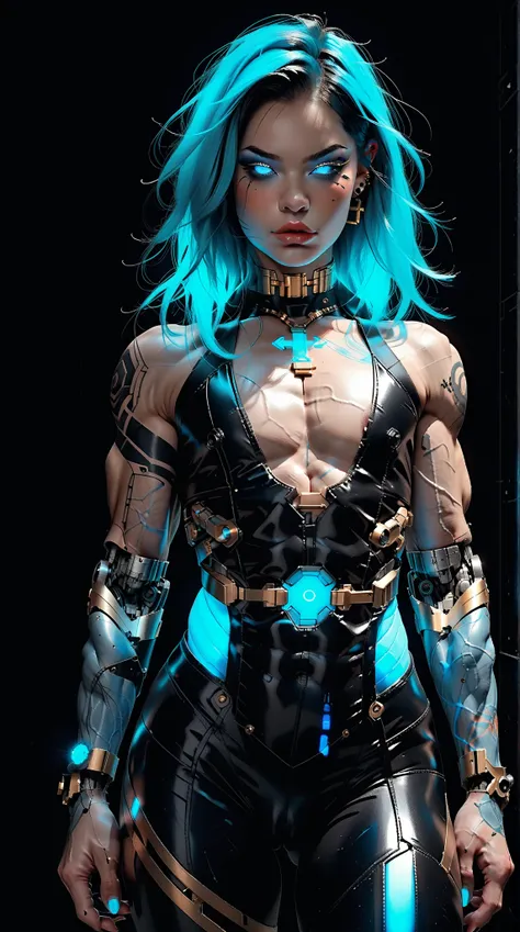 (nsfw:1), (Uncensored:1), score_9, score_8_up, score_7_up, (three quarters Shot), (1 girl), (asian), beautiful teenage (skinny) muscular goth cyborg girl, (full Cybernetic bodysuit:1.5), (black sclera:1.5), (blue glowing eyes:1.5), (blue glowing body veins...